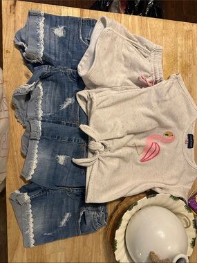 Girls Flamingo Tie-Front Tee & Denim Ruffle Shorts Set - Pink & Blue